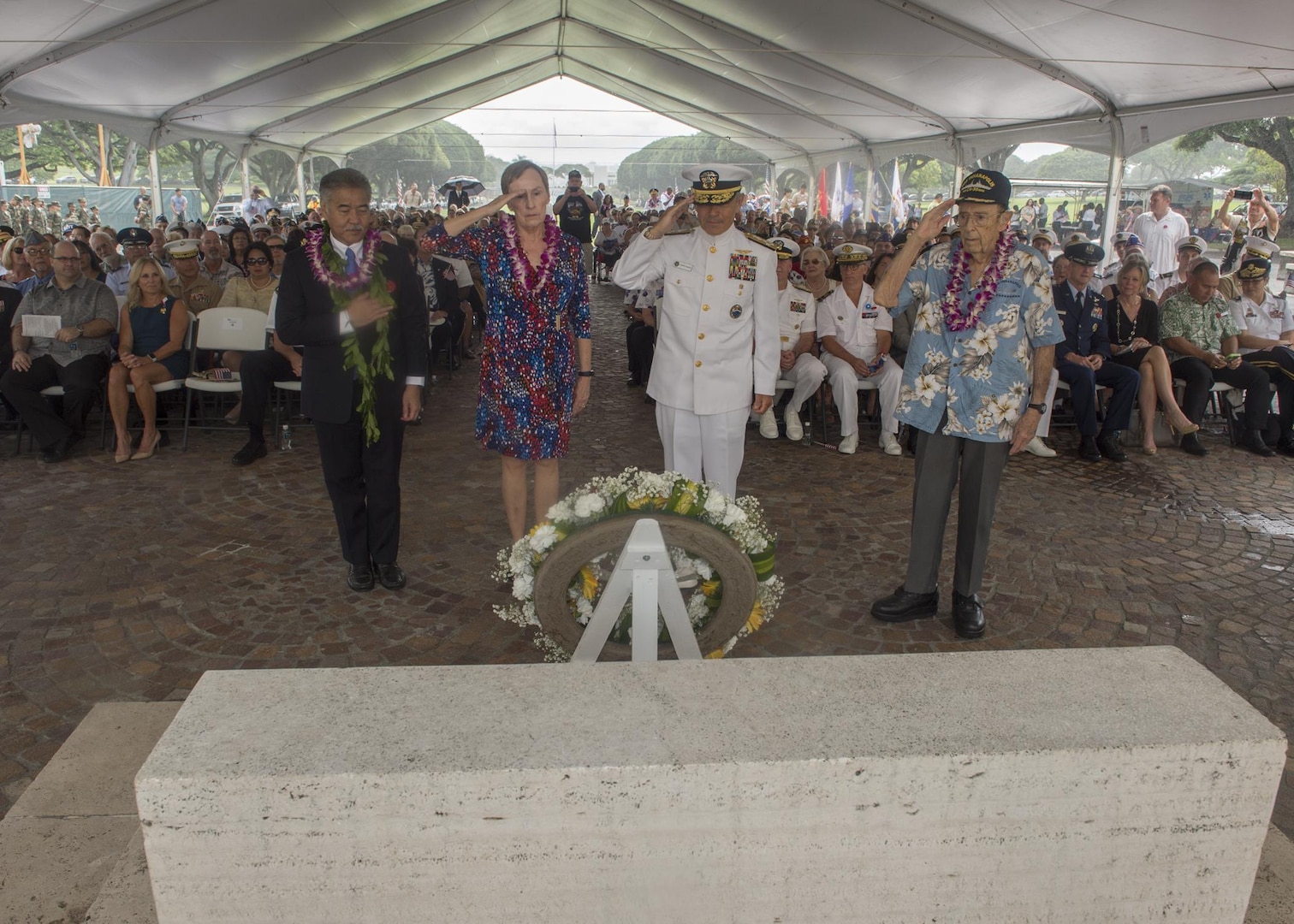 HONOLULU (Nov. 11, 2017)—From left to right, Governor of Hawaii, David Ige; former Army Capt. Mary McEldowney; Commander U.S. Pacific Command, Adm. Harry Harris, and Navy Capt. John Woolston (ret.) lay a wreath during a Veterans Day ceremony held at the National Memorial Cemetery of the Pacific. The ceremony recognized and gave thanks to all the veterans who have served and continue to serve the military and their families. (U.S. Navy photo by Mass Communication Specialist 2nd Class Robin W. Peak)