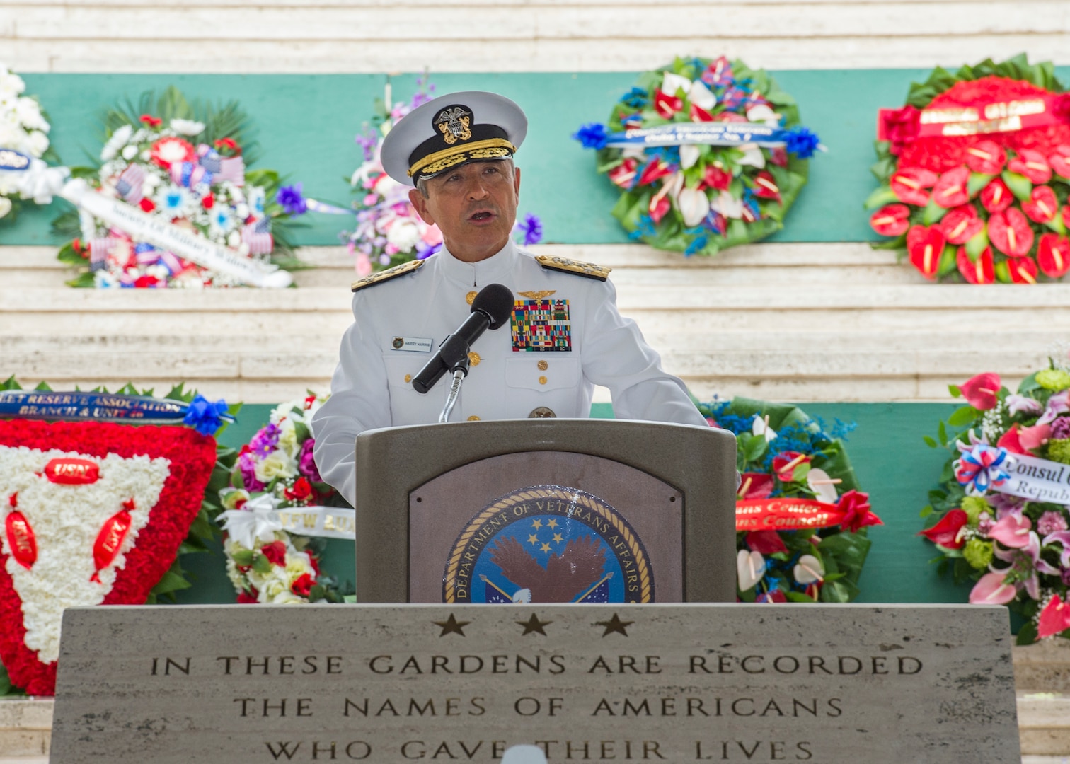 171111-N-WY954-121 HONOLULU, Hawaii (Nov. 11, 2017) — Commander U.S. Pacific Command, Adm. Harry Harris, delivers his remarks during a Veterans Day ceremony held at the National Memorial Cemetery of the Pacific. The ceremony recognized and gave thanks to all the veterans who have served and continue to serve the military and their families. (U.S. Navy photo by Mass Communication Specialist 2nd Class Robin W. Peak)