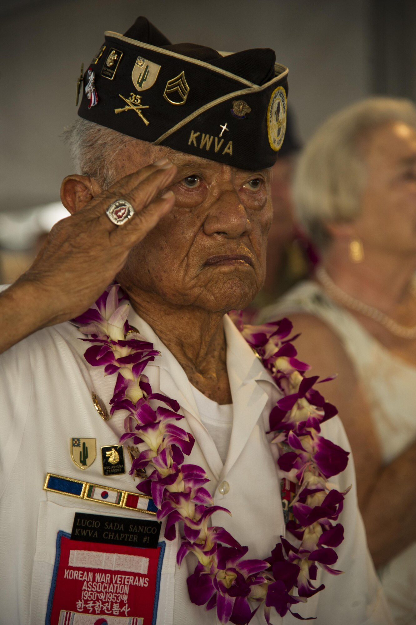 Lucio Sada Sanico, a retired U.S. Army staff sergeant, renders a salute during the Veterans Day Sunset Ceremony aboard the USS Missouri Memorial at Ford Island, Hawaii, Nov. 11, 2017. This year’s ceremony honored America’s military veterans and highlighted the contributions of female veterans throughout the generations. (U.S. Air Force photo by Tech. Sgt. Heather Redman)