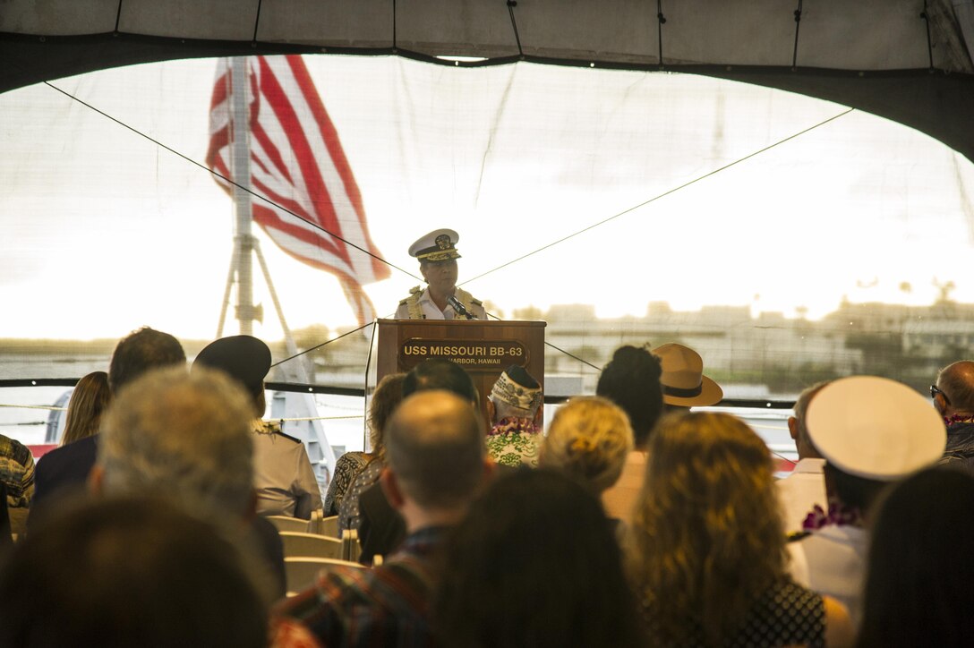 Retired U.S. Navy Rear Adm. Alma Grocki gives the opening address during the Veterans Day Sunset Ceremony aboard the USS Missouri Memorial at Ford Island, Hawaii, Nov. 11, 2017. This year’s ceremony honored America’s military veterans and highlighted the contributions of female veterans throughout the generations. (U.S. Air Force photo by Tech. Sgt. Heather Redman)