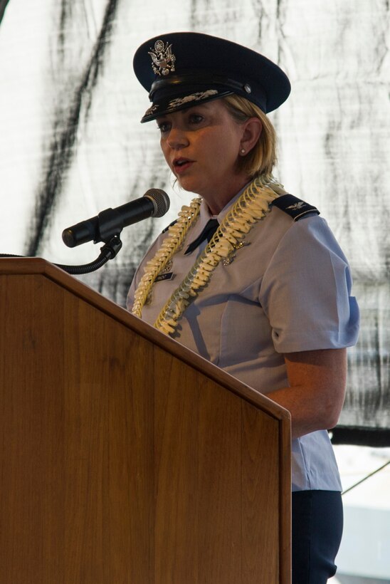 U.S. Air Force Col. Kara Gormont, 15th Medical Group commander, gives the keynote speech during the Veterans Day Sunset Ceremony aboard the USS Missouri Memorial at Ford Island, Hawaii, Nov. 11, 2017. This year’s ceremony honored America’s military veterans and highlighted the contributions of female veterans throughout the generations.  (U.S. Air Force photo by Tech. Sgt. Heather Redman)