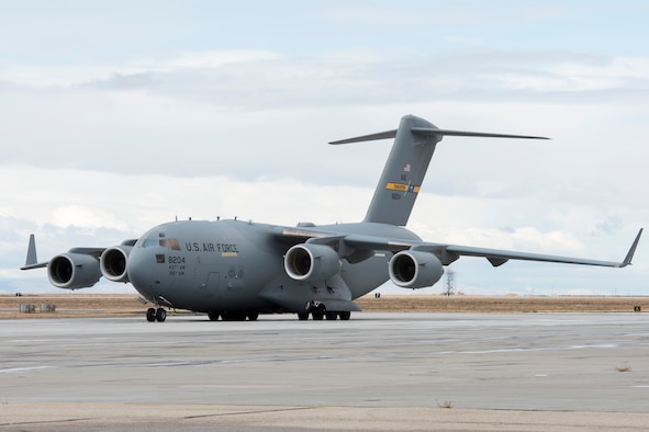 A C-17 Globemaster lll sits on the flightline Oct. 20, 2017, at Mountain Home Air Force Base, Idaho. Aircraft from the 437th Operations Group at Charleston Air Force Base integrated with the 389th Fighter Squadron to expand combat capabilities.