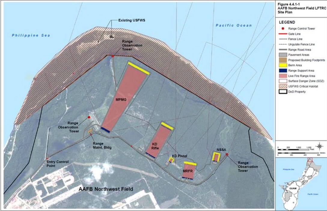 Schematic plan for the layout of the Live Fire Training Range Complex to be located on Northwest Field, Andersen Air Force Base. This plan is the smallest possible footprint while allowing for simultaneous firing of all ranges and mitigating risk to natural and cultural resources. The construction and operation of this range complex has no impact on access to private properties in Jinapsan or Urunao.