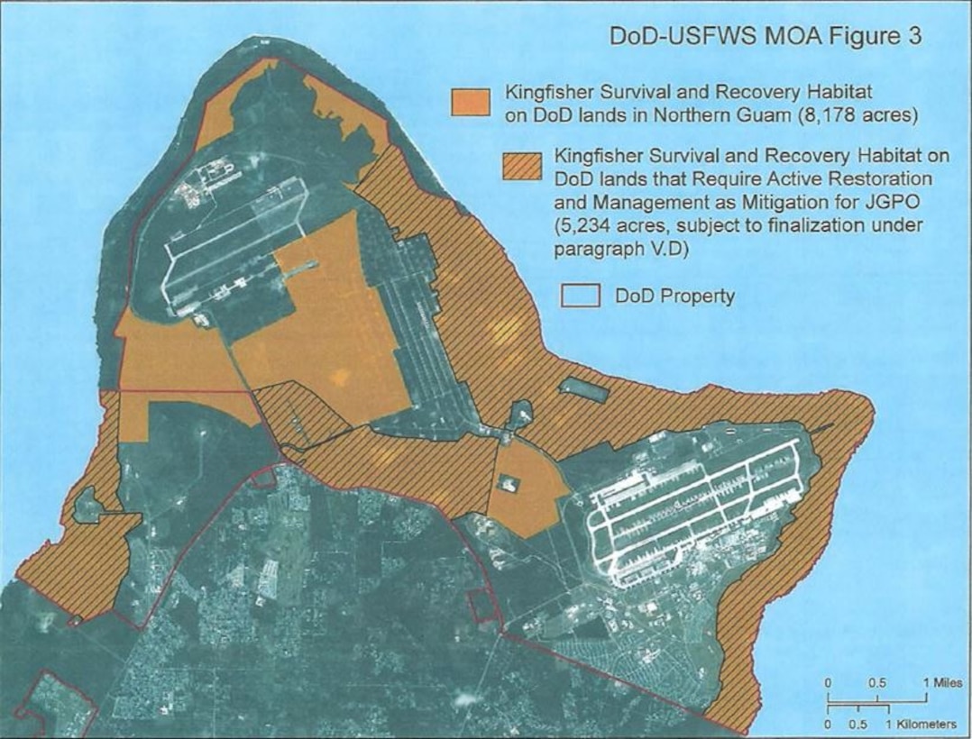 The military also has plans for setting aside habitat for conservation throughout Finegayan and Northwest Field. The DOD has agreed to set aside four acres of habitat undeveloped for every acre of land impacted for the Relocation of Marines to Guam. Combined with our Forest Enhancement project, we will be able to provide wildlife habitat of 5,234 acres to support the recovery of endangered species in Northern Guam

To help restore the habitat of the Guam Micronesia Kingfisher which now only survives in captivity, Joint Region Marianas has already obligated more than $2 million in funding on projects and looks forward to  additional investments of up to $2 million per year for the next eight years, with the priority of controlling ungulates and brown tree snakes