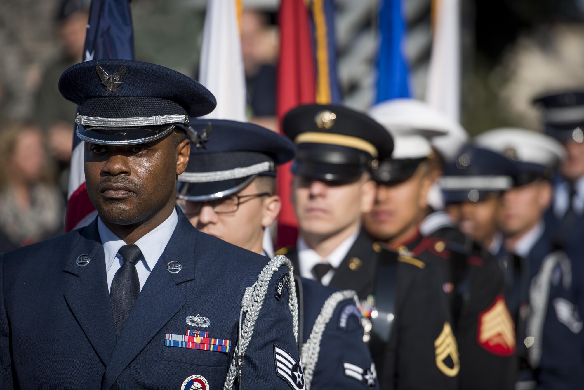Honor Guard members stand in formation during a Veterans Day Ceremony, Nov. 10, 2017, at Yokota Air Base, Japan.