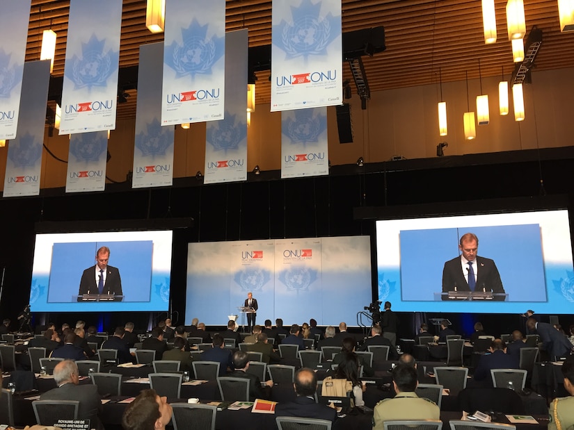 Deputy Defense Secretary Pat Shanahan outlines the U.S. commitment to U.N. peacekeeping operations at the 2017 U.N. Peacekeeping Defense Ministerial in Vancouver, Canada, Nov. 15, 2017. Shanahan highlighted the important role peacekeepers play in peace and stability around the world, while noting that reforms are needed to address some issues. DoD photo by Lisa Ferdinando