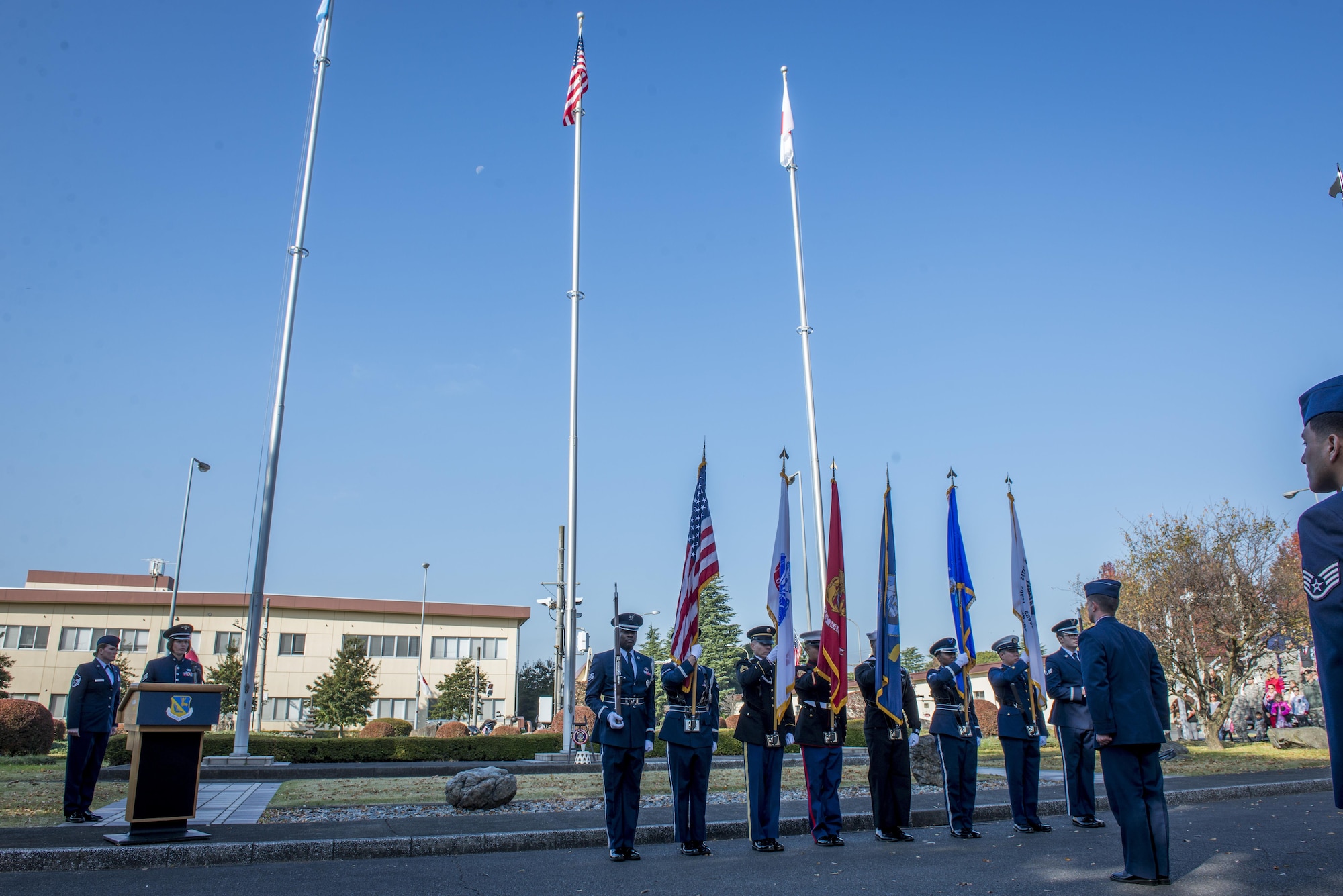 The Honor Guard posts the colors during a Veterans Day Ceremony, Nov. 10, 2017, at Yokota Air Base, Japan.