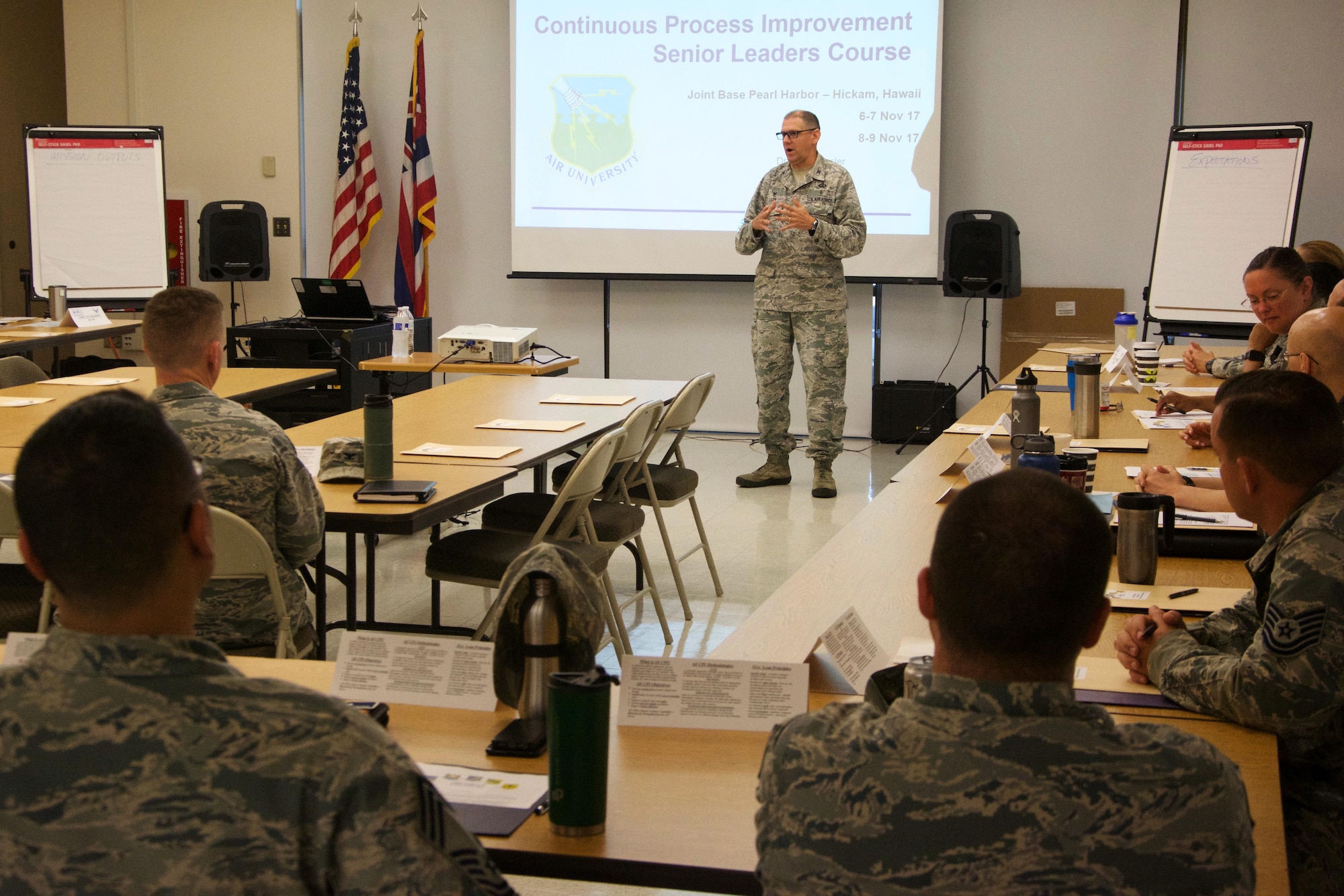 U.S. Air Force Col. Kenneth Lute, 624th Regional Support Group commander at Joint Base Pearl Harbor-Hickam, Hawaii, welcomes attendees to a Continuous Process Improvement Senior Leaders Course held at JBPHH Nov. 6, 2017.