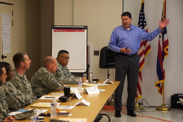 Dr. Phillip Chansler, Air Force Continuous Process Improvement course instructor and Management Operations associate professor for Ira C. Eaker Center for Professional Development at Maxwell Air Force Base, Alabama, discusses CPI with attendees during a Continuous Process Improvement Senior Leaders Course held at Joint Base Pearl Harbor-Hickam, Hawaii, Nov. 6, 2017.