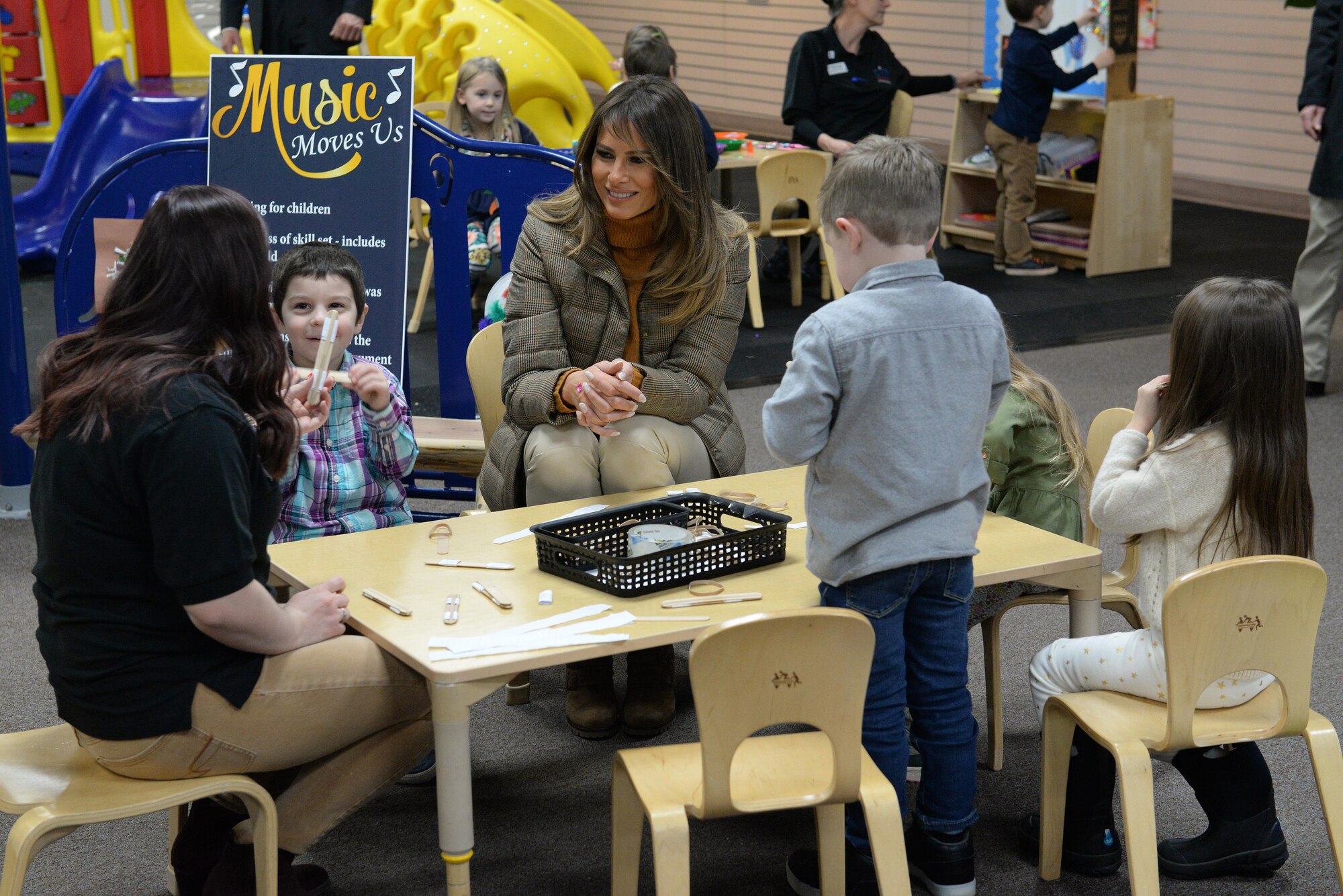 First Lady Melania Trump speaks with children at the Month of the Military Family Celebration event held at the Arctic Oasis on Joint Base Elmendorf-Richardson, Alaska, Nov. 10, 2017. The First Lady was returning from a Pacific Theater tour she attended with President Donald Trump.
