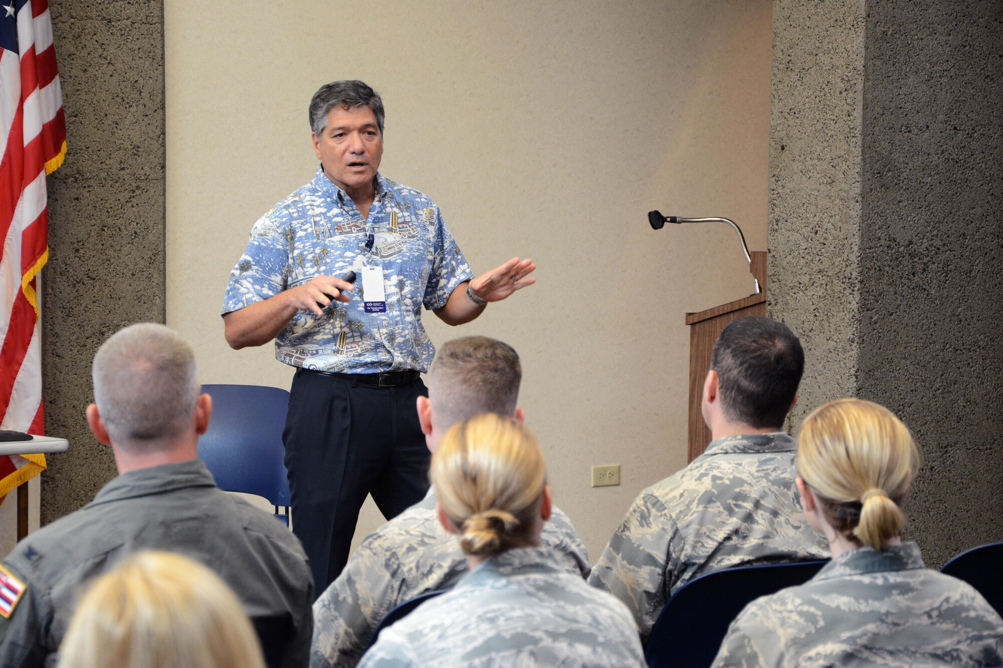 Bob Krekel, director of Enterprise Performance Excellence-Execution at the Hawaiian Electric Company, discusses how HECO has implemented continuous process improvement to address changing needs as part of a tour to HECO in Honolulu during a Continuous Process Improvement Senior Leaders Course held at Joint Base Pearl Harbor-Hickam, Hawaii, Nov. 7, 2017.