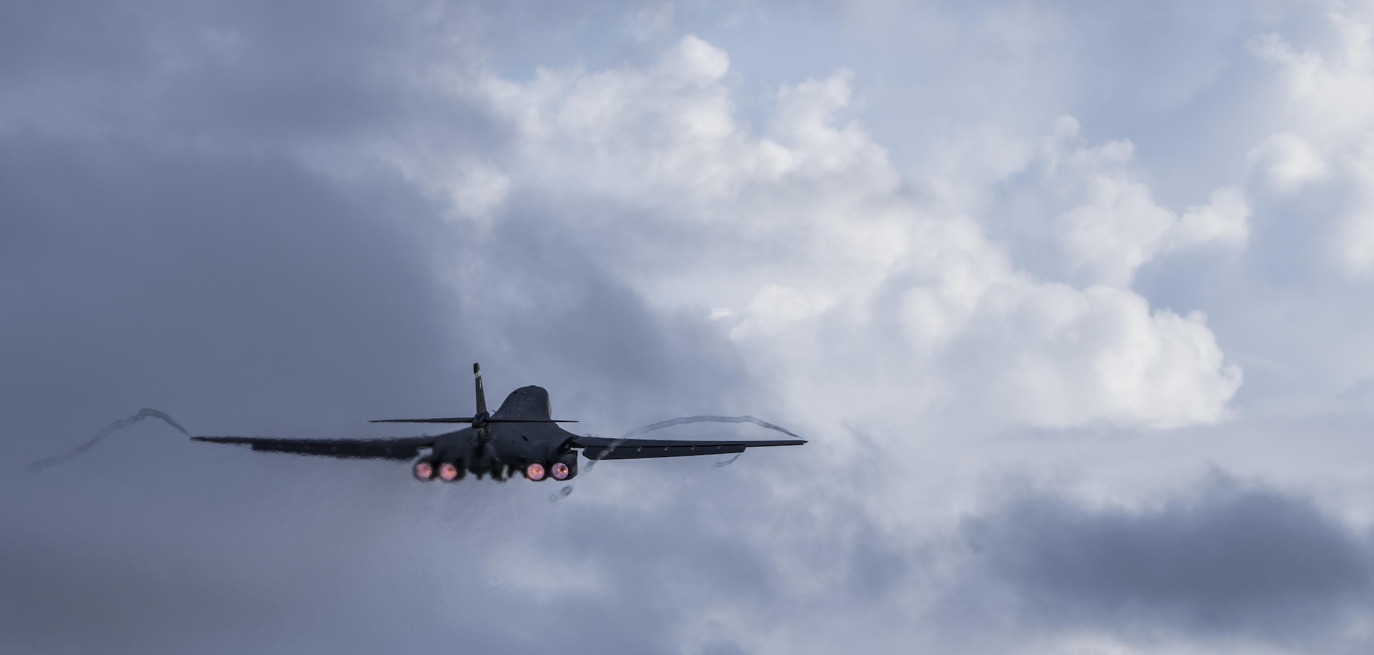 A U .S. Air Force B-l B Lancers assigned to the 37th Expeditionary  Bomb Squadron, deployed from Ellsworth Air Force  Base, South Dakota, take off from Andersen Air Force Base, Guam, Nov. 15, 2017.