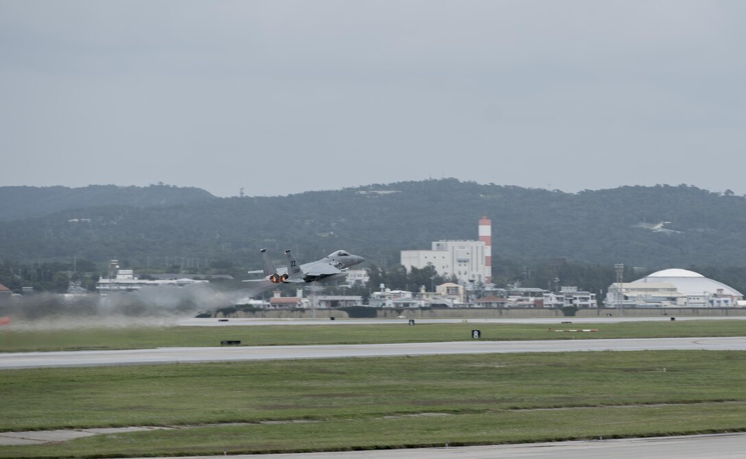 A U.S. Air Force F-15C Eagle takes off for a joint training mission flying in the vicinity of Okinawa, Japan, Nov. 16, 2017, at Kadena Air Base, Japan.