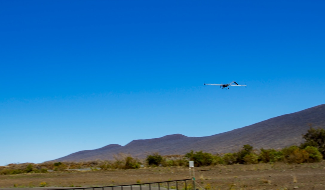 An RQ-7B Shadow flown by Marine Unmanned Aerial Vehicle Squadron 3 at the Pohakuloa Training Area, on the island of Hawaii, Oct. 29, 2017.