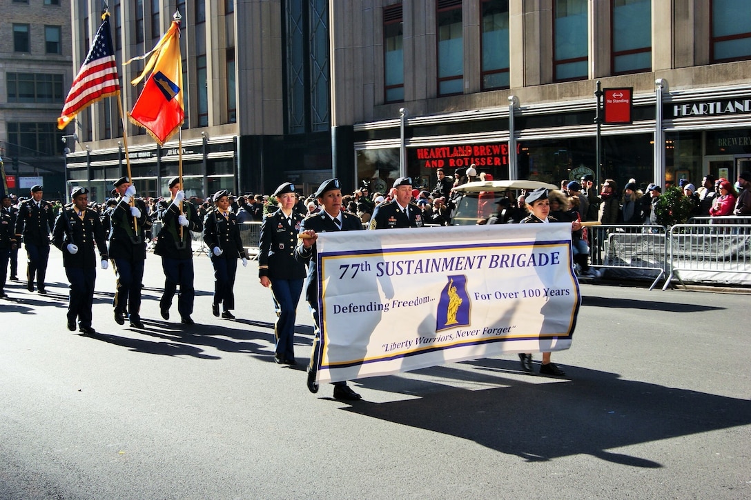 U.S. Army Reserve Soldiers of the 77th Sustainment Brigade march in the New York City Veterans Day Parade Nov. 11, 2017, commemorating the 100th anniversary of World War I.