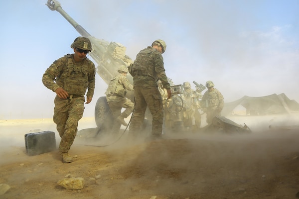 U.S. Army soldiers assigned to 5-25 Field Artillery, Charlie Battery, 2nd Platoon fires a Howitzer M-777 A2 provides fire support for Iraqi Security Forces near Al Qaim, Iraq, Nov. 07,  2017. The strikes were conducted as part of Operation Inherent Resolve. Combine Joint Task Force-OIR is the global Coalition to defeat ISIS in Iraq and Syria. (U.S. Army photo by Spc. William Gibson)