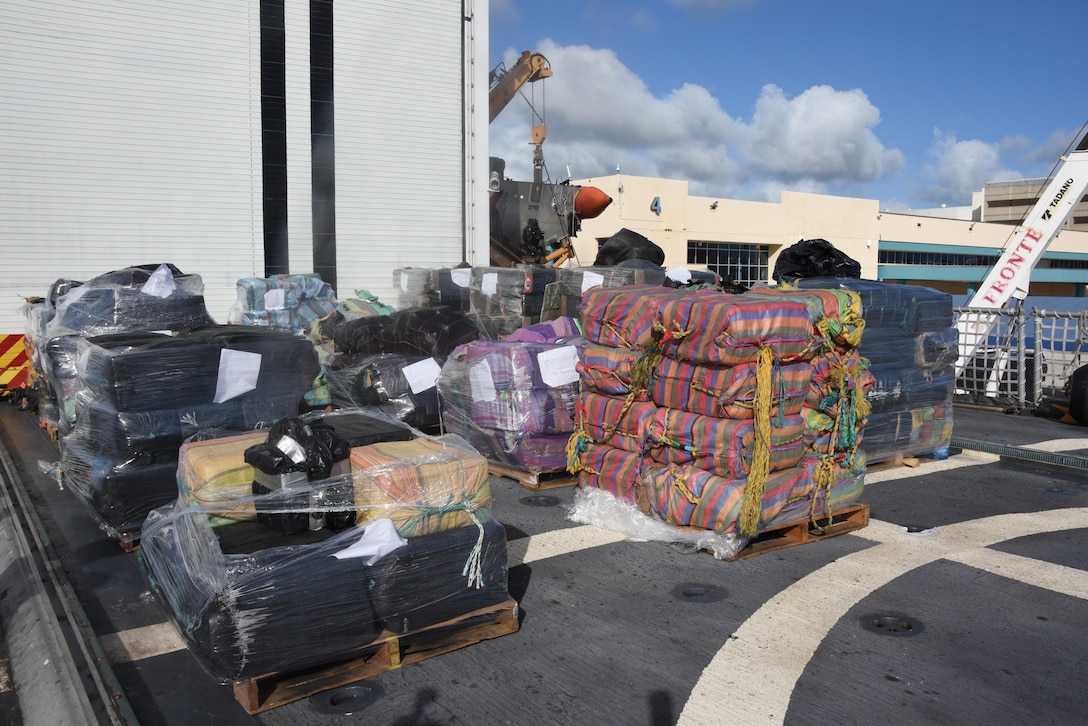 Seized drugs stacked aboard U.S. Coast Guard Cutter Spencer.