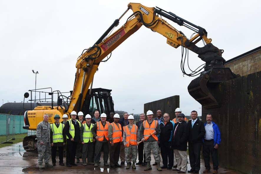 48th Fighter Wing leadership and RAF Lakenheath F-35 beddown team members gather for a group photo during a demolition ceremony at the base Nov. 8. The construction site will eventually be home to approximately 1,200 Airmen and 54 F-35A Lightning II aircraft composing two fighter squadrons. (U.S. Air Force photo/Airman 1st Class Christopher S. Sparks)