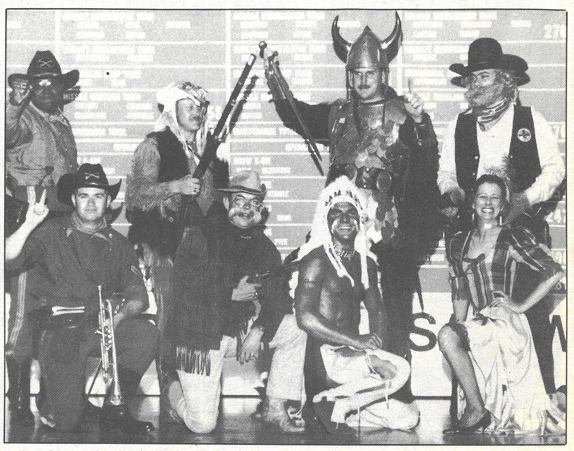 A 1989 group photo shows an early version of the 341st Missile Wing’s mountain man at Strategic Air Command’s Olympic Arena Missile Combat Competition, Vandenberg Air Force Base, Calif. The original caption reads: “Mascots from 1989 Olympic Arena competition include (left to right) Super Troopers, 90th Strategic Missile Wing, F.E. Warren, Wyo.; High Plains Warriors, 341st SMW, Malmstrom AFB, Mont.; Roughriders, 91st SMW, Minot AFB, N.D.; War Chiefs, 351st SMW, Whiteman AFB, Mo.; Warriors of the North, 321st SMW, Grand Forks AFB, N.D. and the Black Hills Bandits, 44th SMW, Ellsworth AFB, S.D.” (Photo courtesy of the Malmstrom Air Force Base Museum)