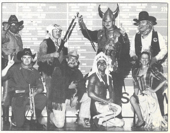 A 1989 group photo shows an early version of the 341st Missile Wing’s mountain man at Strategic Air Command’s Olympic Arena Missile Combat Competition, Vandenberg Air Force Base, Calif. The original caption reads: “Mascots from 1989 Olympic Arena competition include (left to right) Super Troopers, 90th Strategic Missile Wing, F.E. Warren, Wyo.; High Plains Warriors, 341st SMW, Malmstrom AFB, Mont.; Roughriders, 91st SMW, Minot AFB, N.D.; War Chiefs, 351st SMW, Whiteman AFB, Mo.; Warriors of the North, 321st SMW, Grand Forks AFB, N.D. and the Black Hills Bandits, 44th SMW, Ellsworth AFB, S.D.” (Photo courtesy of the Malmstrom Air Force Base Museum)