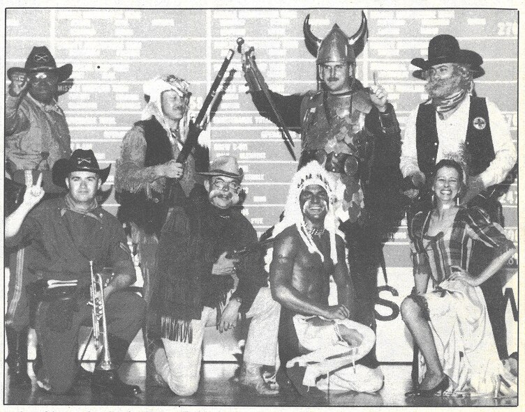 A 1989 group photo shows an early version of the 341st Missile Wing’s mountain man at Strategic Air Command’s Olympic Arena Missile Combat Competition, Vandenberg Air Force Base, Calif. The original caption reads: “Mascots from 1989 Olympic Arena competition include (left to right) Super Troopers, 90th Strategic Missile Wing, F.E. Warren, Wyo.; High Plains Warriors, 341st SMW, Malmstrom AFB, Mont.; Roughriders, 91st SMW, Minot AFB, N.D.; War Chiefs, 351st SMW, Whiteman AFB, Mo.; Warriors of the North, 321st SMW, Grand Forks AFB, N.D. and the Black Hills Bandits, 44th SMW, Ellsworth AFB, S.D.” (Photo courtesy of the Malmstrom Air Force Base Museum)