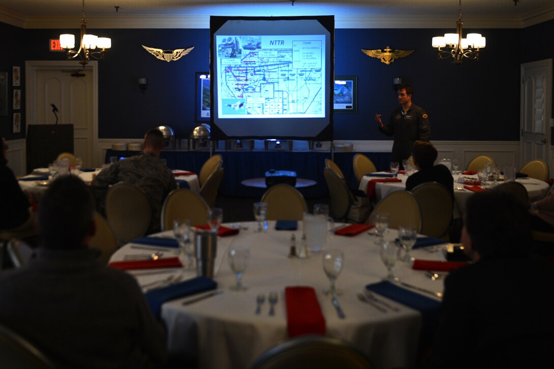 Team Shaw members attend a 55th Fighter Squadron “flags” exercise brief at the 20th Force Support Squadron Carolina Skies Club and Conference Center at Shaw Air Force Base, South Carolina, Nov. 15, 2017.