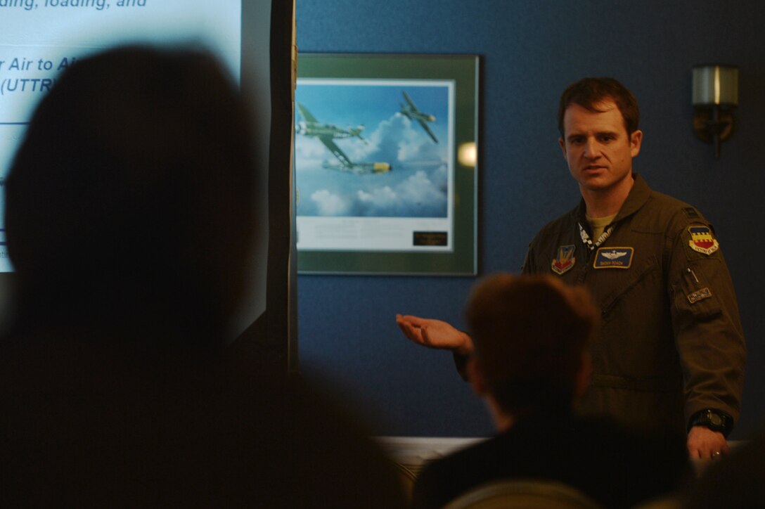 U.S. Air Force Capt. Taylor Roach, 55th Fighter Squadron (FS) flight commander, speaks to members of Team Shaw during a 55th FS “flags” exercise brief at the 20th Force Support Squadron Carolina Skies Club and Conference Center at Shaw Air Force Base, South Carolina, Nov. 15, 2017.