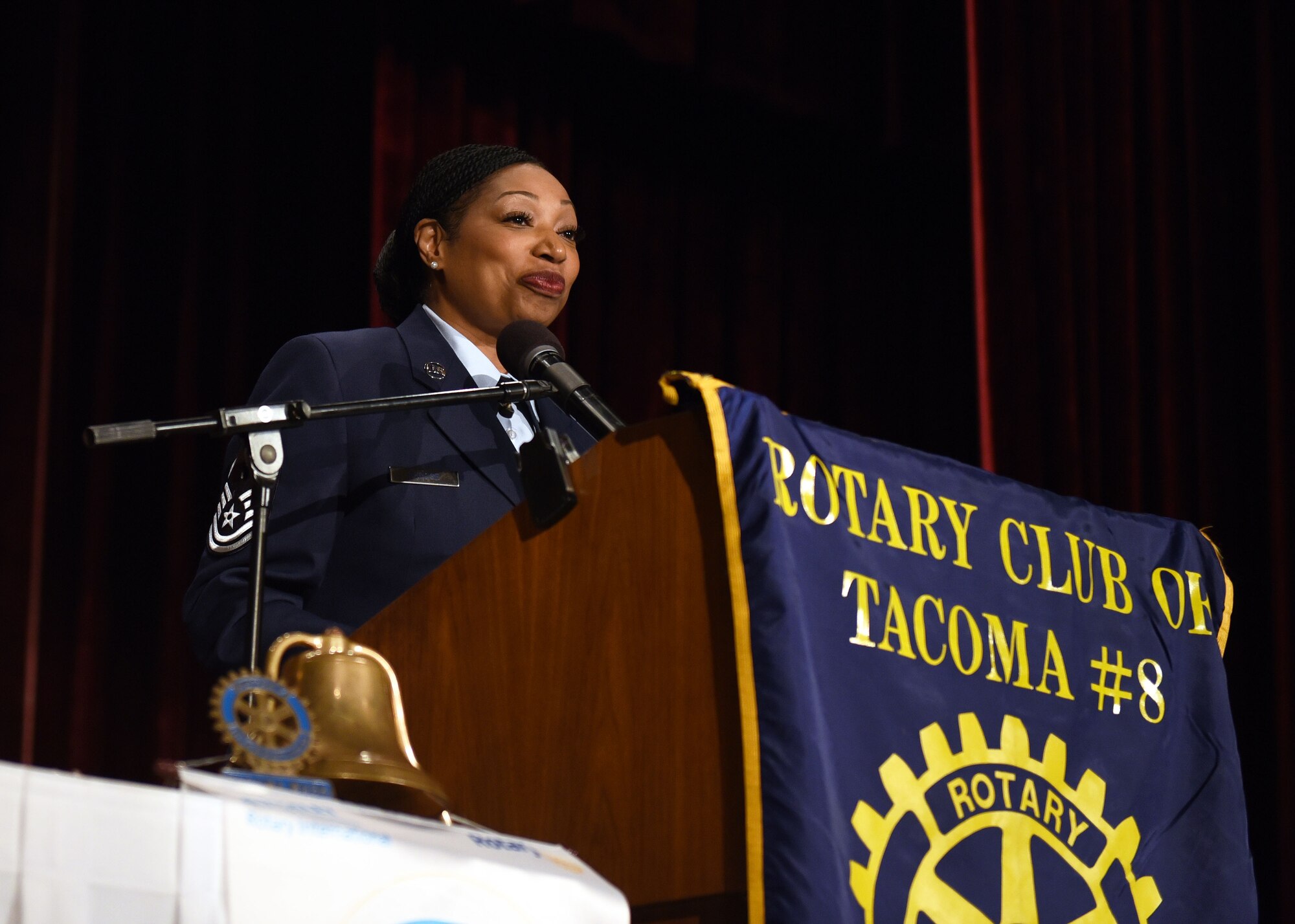Master Sgt. Monique DuBose, 62nd Airlift Wing Office of the Inspector General superintendent, speaks to members of the Tacoma Rotary Club, fellow service members and veterans, and friends and family after being named the 39th recipient of the John H. Anderson Military Citizen of the Year Award at a luncheon, Nov. 9, 2017 in downtown Tacoma.