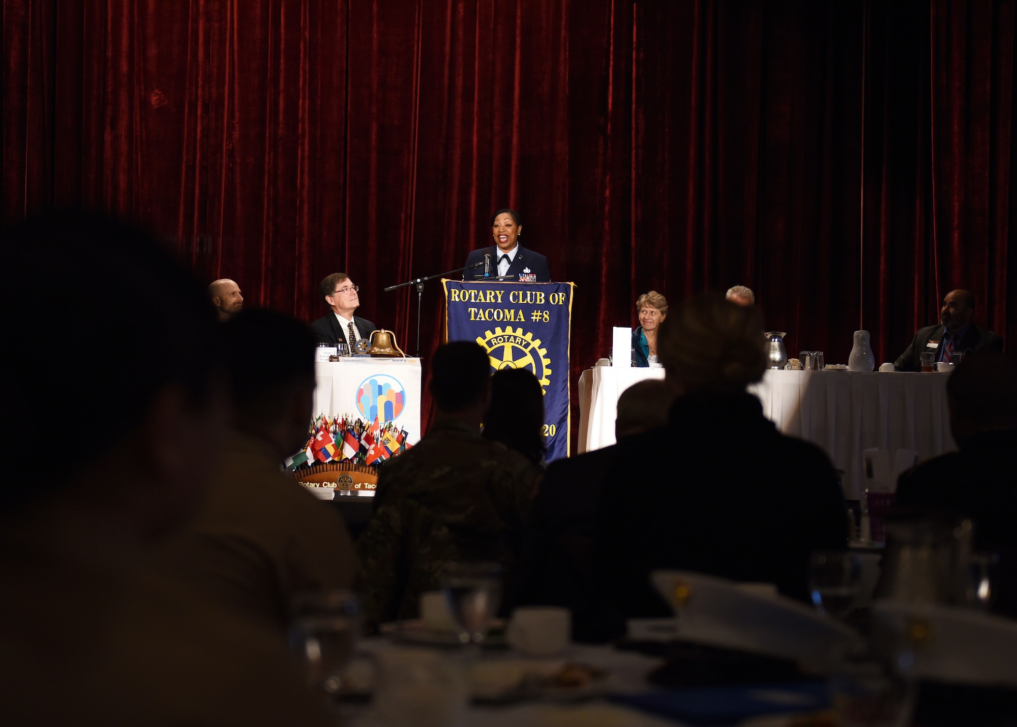 Master Sgt. Monique DuBose, 62nd Airlift Wing Office of the Inspector General superintendent, speaks to members of the Tacoma Rotary Club, fellow service members and veterans, and friends and family after being named the 39th recipient of the John H. Anderson Military Citizen of the Year Award at a luncheon, Nov. 9, 2017 in downtown Tacoma. In addition to being an active-duty Airman, Dubose is a member of the Tacoma Alumnae Chapter of Delta Sigma Theta Sorority, Inc., President of the Tacoma Chapter of Jack & Jill of America, Inc., and the director of training and education for Redefining You Foundation and the founder of Beyond Beauty Women’s Social Saving Club. (U.S. Air Force photo by Staff Sgt. Whitney Taylor)