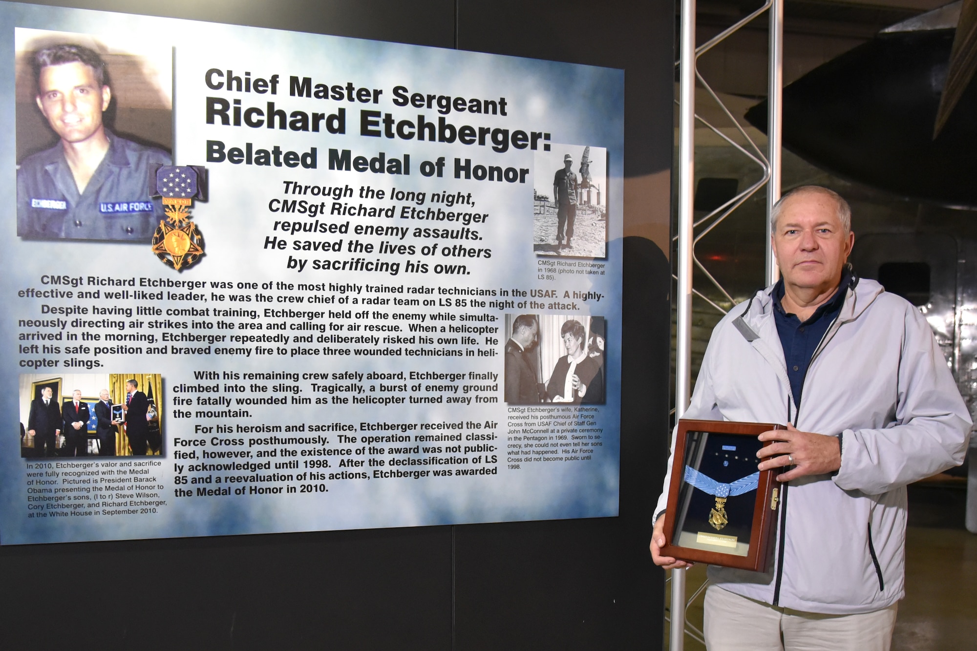 Cory Etchberger, a son of CMSgt. Richard Etchberger, visited the National Museum of the U.S. Air Force on November 15, 2017. His father saved the lives of others by sacrificing his own at LS 85 in 1968. After the declassification of LS 85 and a reevaluation of his actions, Etchberger was awarded the Medal of Honor in 2010.
