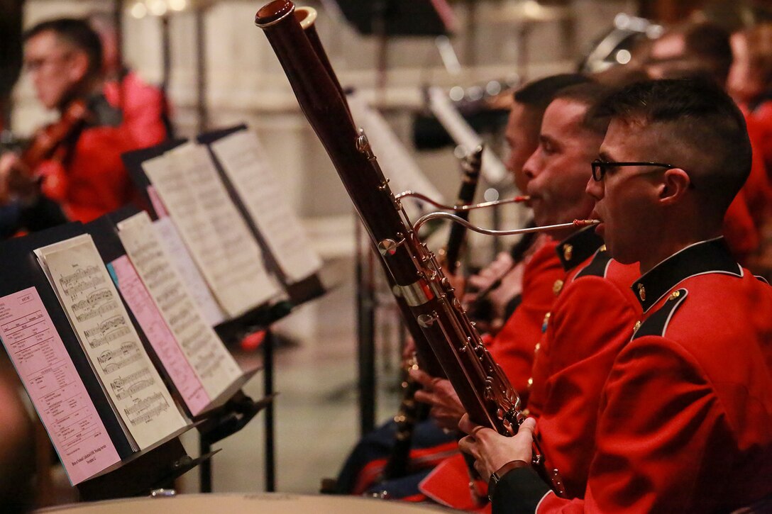 Marines with “The President’s Own” U.S. Marine Band, perform musical ballads during a Marine Corps Worship Service at the Washington National Cathedral, Washington D.C., Nov. 12, 2017. The service was held to commemorate the 242nd Anniversary of the Marine Corps. The 19th Chaplain of the Marine Corps, Rear Adm. Brent W. Scott, addressed his message to the guests in attendance. (Official U.S. Marine Corps photo by Cpl. Robert Knapp/Released)