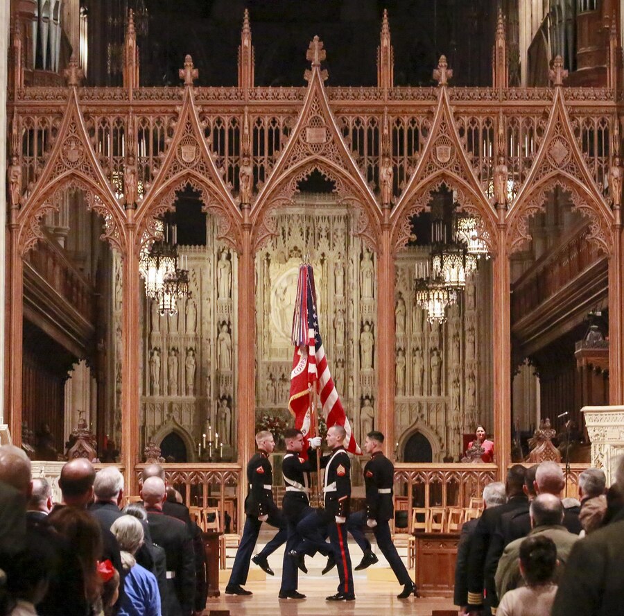 The U.S. Marine Corps Color Guard prepares to retire the National and Marine Corps Colors during a Marine Corps Worship Service at the Washington National Cathedral, Washington D.C., Nov. 12, 2017. The service was held to commemorate the 242nd Anniversary of the Marine Corps. The 19th Chaplain of the Marine Corps, Rear Adm. Brent W. Scott, addressed his message to the guests in attendance. (Official U.S. Marine Corps photo by Cpl. Robert Knapp/Released)