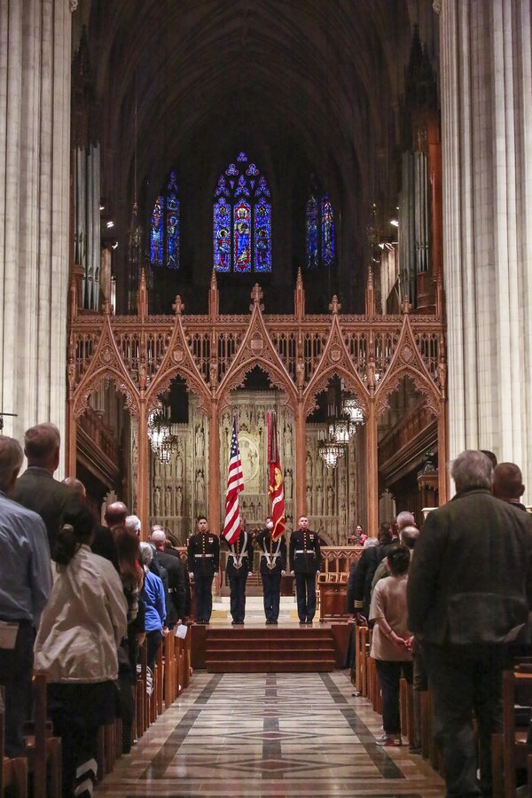 The U.S. Marine Corps Color Guard presents the National and Marine Corps Colors during a Marine Corps Worship Service at the Washington National Cathedral, Washington D.C., Nov. 12, 2017. The service was held to commemorate the 242nd Anniversary of the Marine Corps. The 19th Chaplain of the Marine Corps, Rear Adm. Brent W. Scott, addressed his message to the guests in attendance. (Official U.S. Marine Corps photo by Cpl. Robert Knapp/Released)