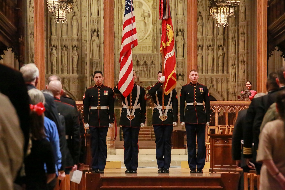The U.S. Marine Corps Color Guard presents the National and Marine Corps Colors during a Marine Corps Worship Service at the Washington National Cathedral, Washington D.C., Nov. 12, 2017. The service was held to commemorate the 242nd Anniversary of the Marine Corps. The 19th Chaplain of the Marine Corps, Rear Adm. Brent W. Scott, addressed his message to the guests in attendance. (Official U.S. Marine Corps photo by Cpl. Robert Knapp/Released)