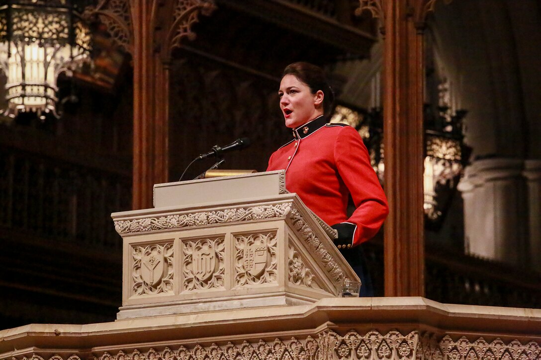 Gunnery Sgt. Sara Sheffield, mezzo-soprano, “The President’s Own” U.S. Marine Band, sings “Amazing Grace” during a Marine Corps Worship Service at the Washington National Cathedral, Washington D.C., Nov. 12, 2017. The service was held to commemorate the 242nd Anniversary of the Marine Corps. The 19th Chaplain of the Marine Corps, Rear Adm. Brent W. Scott, addressed his message to the guests in attendance. (Official U.S. Marine Corps photo by Cpl. Robert Knapp/Released)