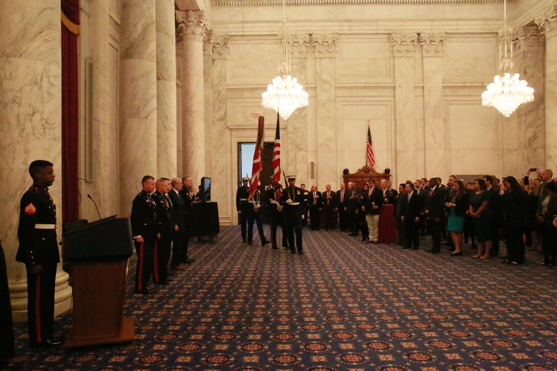 Marines with Marine Barracks Washington D.C., support a cake cutting ceremony to celebrate the Marine Corps’ 242nd birthday at the Russell Senate Office Building, Washington D.C., Nov. 15, 2017. The guest of honor for the ceremony was the Senator of Indiana, the Honorable Todd Young, and the hosting official was the Commandant of the Marine Corps, Gen. Robert B. Neller. (Official U.S. Marine Corps photo by Cpl. Robert Knapp/Released)