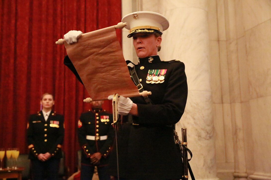 Major Lindsey D. Jorgensen, ceremony adjutant, reads Gen. John A. Lejeune’s birthday message to the guests attending a cake cutting ceremony to celebrate the Marine Corps’ 242nd birthday at the Russell Senate Office Building, Washington D.C., Nov. 15, 2017. The guest of honor for the ceremony was the Senator of Indiana, the Honorable Todd Young, and the hosting official was the Commandant of the Marine Corps. (Official U.S. Marine Corps photo by Cpl. Robert Knapp/Released)