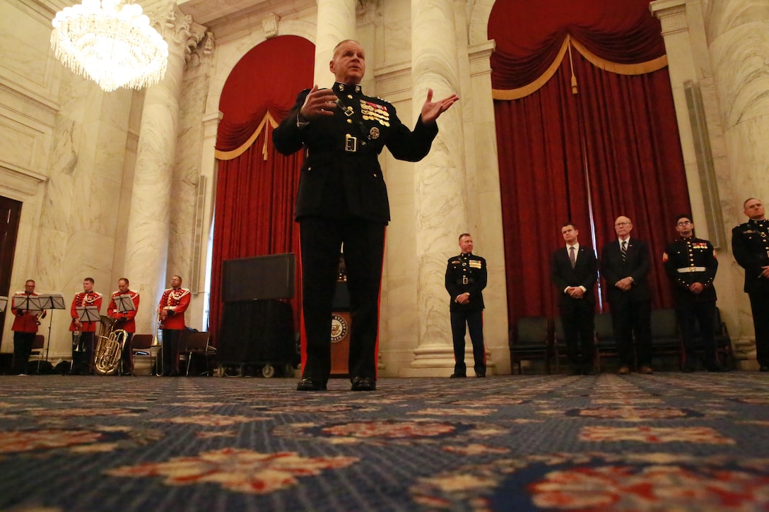 The Commandant of the Marine Corps, Gen. Robert B. Neller, delivers remarks to guests attending a cake cutting ceremony held to celebrate the Marine Corps’ 242nd birthday at the Russell Senate Office Building, Washington D.C., Nov. 15, 2017. The guest of honor for the ceremony was the Senator of Indiana, the Honorable Todd Young, and the hosting official was the Commandant of the Marine Corps. (Official U.S. Marine Corps photo by Cpl. Robert Knapp/Released)