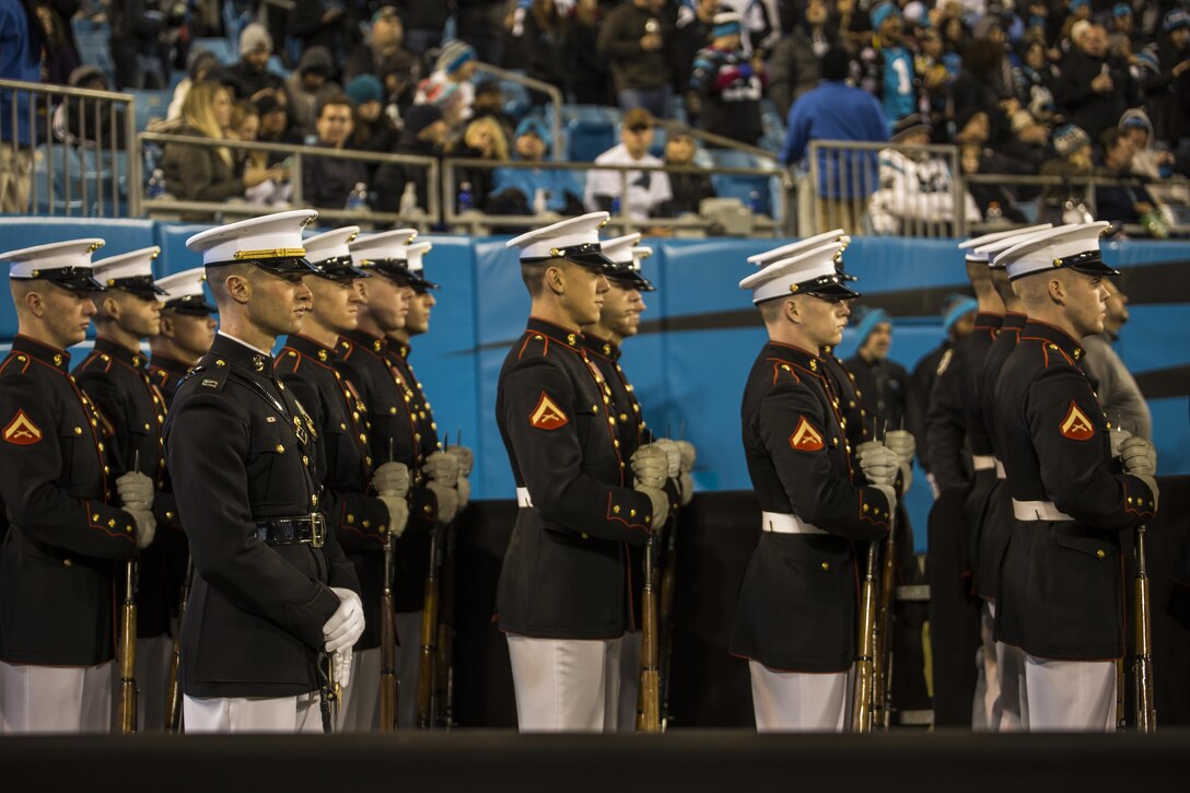 The U.S. Marine Corps Silent Drill Platoon prepares to perform precision marching and rifle drill movements during a Salute to Service halftime show at a Carolina Panthers vs. Miami Dolphins game at the Bank of America Stadium, Charlotte, N.C., Nov. 13, 2017. Throughout the year, SDP performs at numerous large-scale events across the country and abroad. (Official Marine Corps photo by Cpl. Damon Mclean/Released)