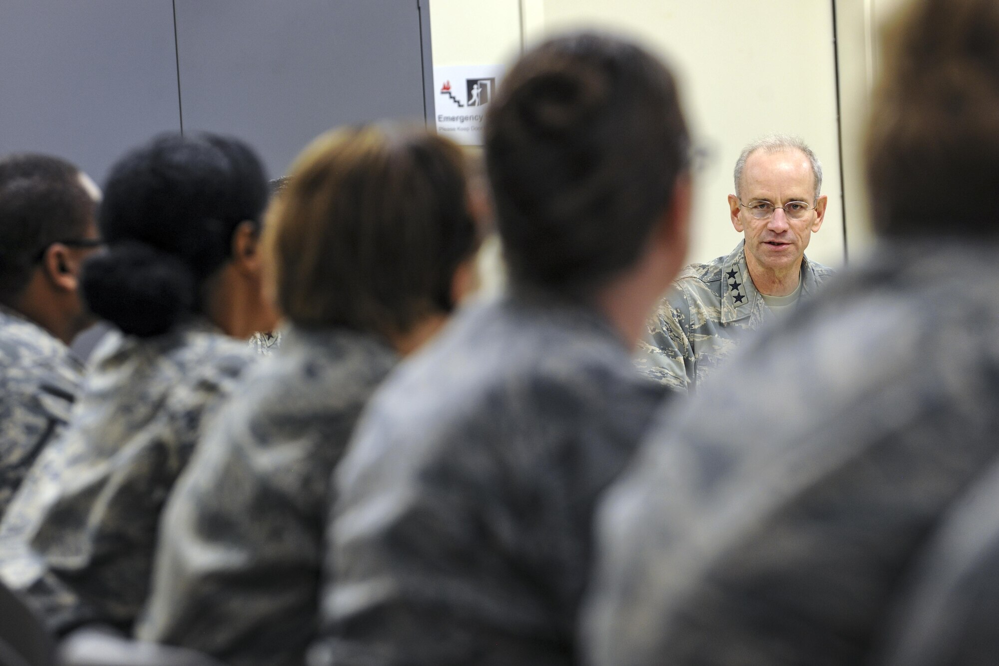 Lt. Gen. Mark Ediger, Surgeon General of the Air Force (AF/SG) speaks to members of the 23d Medical Group (MDG), Nov.14, 2017, at Moody Air Force Base, Ga. The AF/SG visited Moody to get a better understanding of the 23d MDG’s mission. (U.S. Air Force photo by Airman Eugene Oliver)