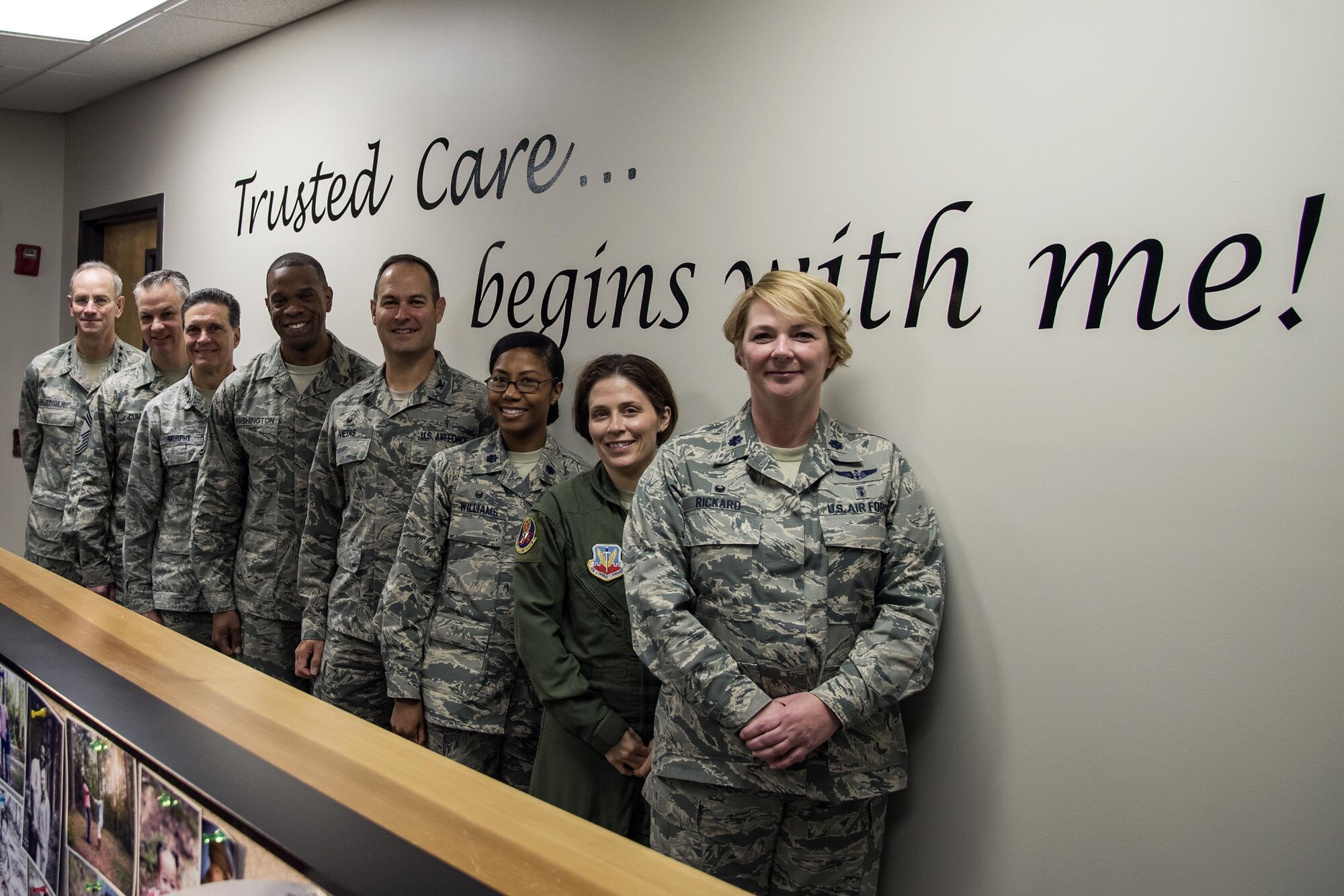 Lt. Gen. Mark Ediger, Surgeon General of the Air Force (AF/SG), Brig. Gen. Sean Murphy, Air Combat Command Surgeon General (ACC/SG), Chief Master Sgt. George Cum, Air Force Chief of Medical Enlisted Force, Chief Master Sgt. Tracy Washington, Air Combat Command Chief of Medical Enlisted Force and Leadership from the 23d Medical Group (MDG) pose for a photo, Nov. 15, 2017, at Moody Air Force Base, Ga. The AF/SG and ACC/SG visited Moody to get a better understanding of the 23d MDG’s mission. (U.S. Air Force photo by Airman Eugene Oliver)