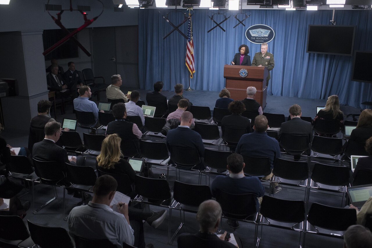 Dana W. White, the assistant to the secretary of defense for public affairs, and Marine Corps Lt. Gen. Kenneth F. McKenzie, the Joint Staff director, brief reporters at the Pentagon, Nov. 16, 2017. DoD photo by Navy Petty Officer 1st Class Dominique A. Pineiro