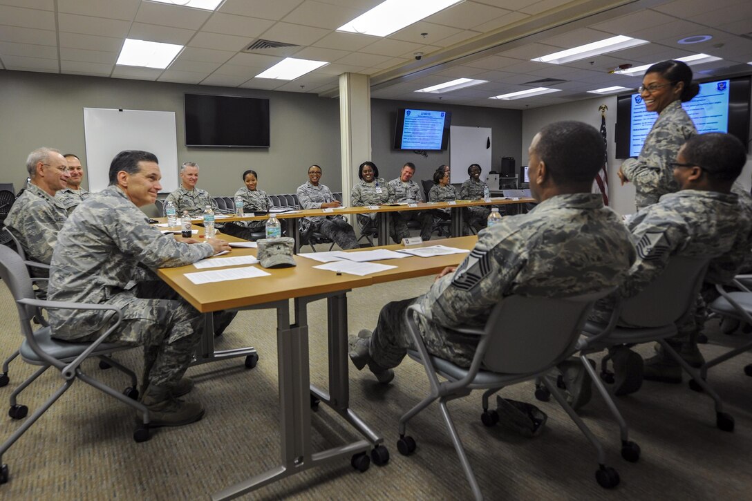 Lt. Col. Stephenie Williams, 23d Medical Support Squadron commander, briefs Brig. Gen. Sean Murphy, Air Combat Command Surgeon General (ACC/SG) and Lt. Gen. Mark Ediger, Surgeon General of the Air Force (AF/SG) Nov.14, 2017, at Moody Air Force Base, Ga. The AF/SG and ACC/SG visited Moody to get a better understanding of the 23d Medical Group’s mission. (U.S. Air Force photo by Airman Eugene Oliver)