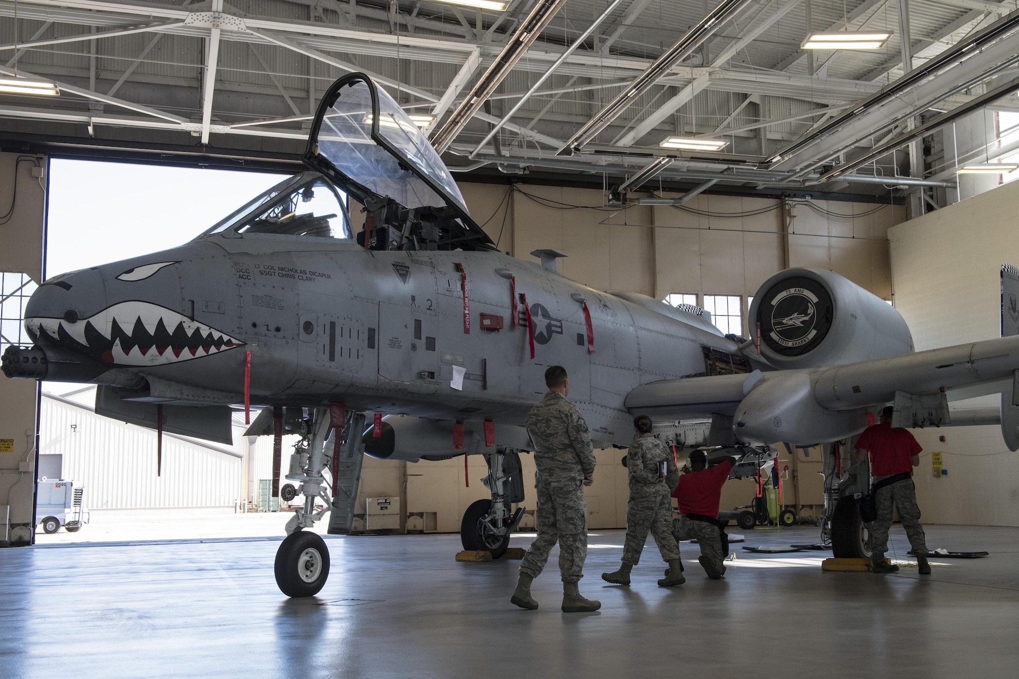 The 75th Aircraft Maintenance Unit (AMU) load crew double checks their work during a weapons load competition, Nov. 16, 2017, at Moody Air Force Base, Ga. The 74th AMU won the competition this quarter, defeating the 75th AMU. Teams are chosen based on weapons loading and maintenance performance during the previous quarter. (U.S. Air Force photo by Senior Airman Janiqua P. Robinson)
