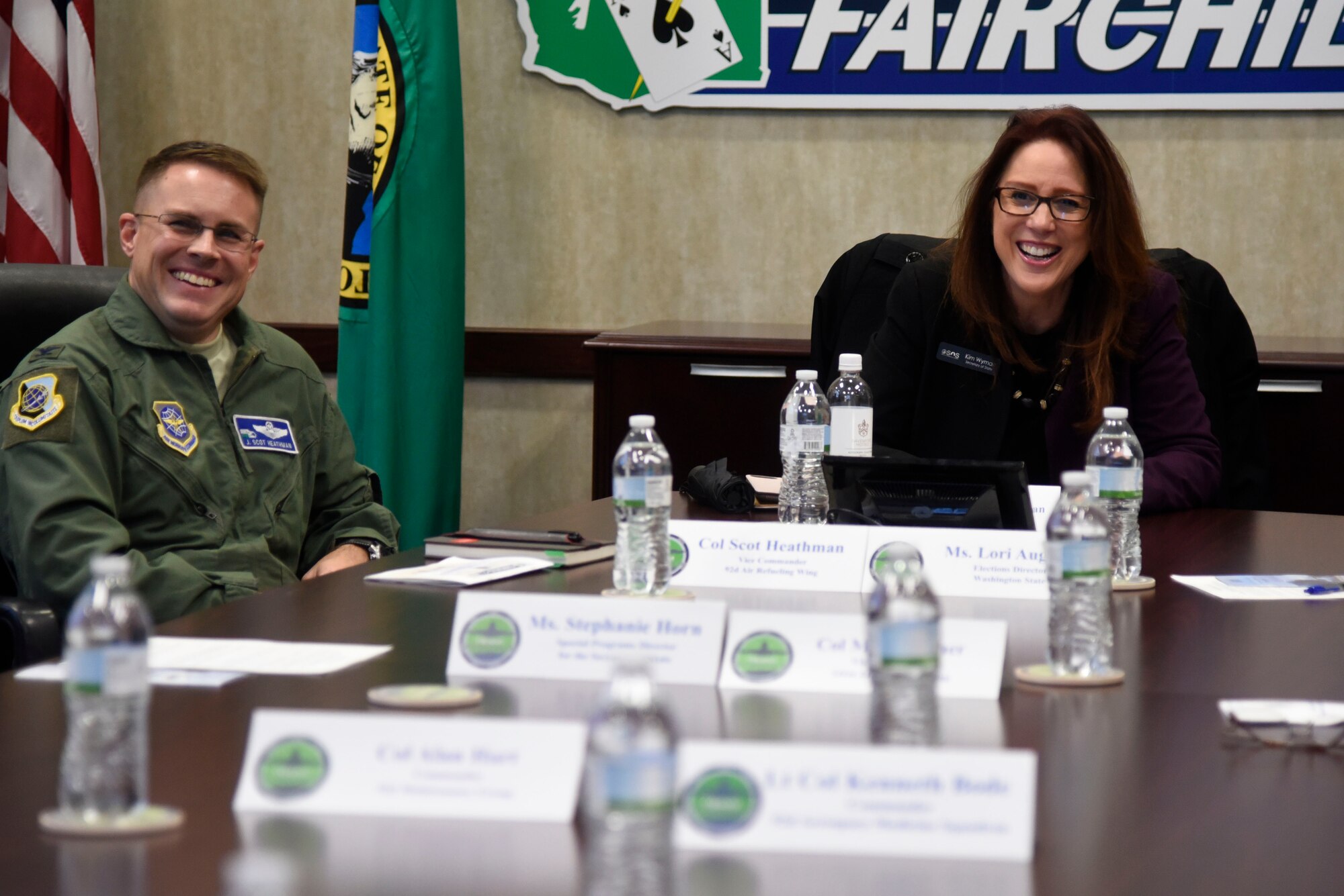 Colonel Scot Heathman, 92nd Air Refueling Wing vice commander, gives a mission brief to Kim Wyman, Washington Secretary of State, during a base visit at Fairchild AFB, Washington, Nov. 15, 2017. Wyman spoke with base leadership about the importance of voting and received information about Fairchild’s voting program. For more information on voting, visit www.fairchild.af.mil.  (U.S. Air Force photo/Senior Airman Nick Daniello)