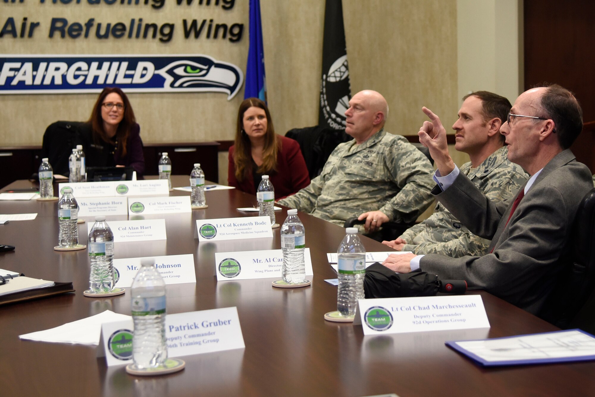 Al Carney (right), 92nd Air Refueling Wing director of staff, briefs Kim Wyman (left), Washington Secretary of State, during a base visit at Fairchild AFB, Washington, Nov. 15, 2017. Wyman spoke with base leadership about the importance of voting and received information about Fairchild’s voting program. For more information on voting, visit www.fairchild.af.mil. (U.S. Air Force photo/Senior Airman Nick Daniello)