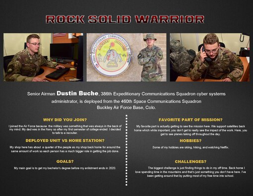 The Rock Solid Warrior program is a way to recognize and spotlight the Airmen of the 386th Air Expeditionary Wing for their positive impact and commitment to the mission.