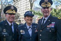 (Left) Army Reserve Maj. Gen. Mark W. Palzer, commander of the 79th Theater Sustainment Command; (Center) Air Force Gen. Ellen M. Pawlikowski, commander of the Air Force Materiel Command; and (Right) Army Reserve Brig. Gen. Robert S. Cooley, commander of the 353d Civil Affairs Command, attended the opening wreath laying ceremony of the NYC Veterans Day Parade, November 11, 2017. (U.S. Army Reserve Photo by Maj. Addie Leonhardt, 80th Training Command)