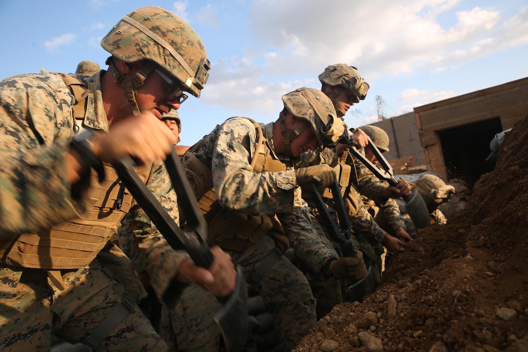 Combat engineers with Engineer Support Company, Combat Logistics Battalion 3, Combat Logistics Regiment 3, dig a trench while building an underground bunker, Oct. 28, 2017 at Rodriguez Live Fire Range, Paju, South Korea. The Marines with CLB-3 built an expeditionary base on the range to remain as a standing capability for future units that rotate through the training area. The base was built as a part of Exercise Winter Workhorse 17/ Korean Marine Exchange Program 18.1, which familiarizes the American armed forces with the Korean Peninsula and builds upon an enduring alliance between the two militaries.