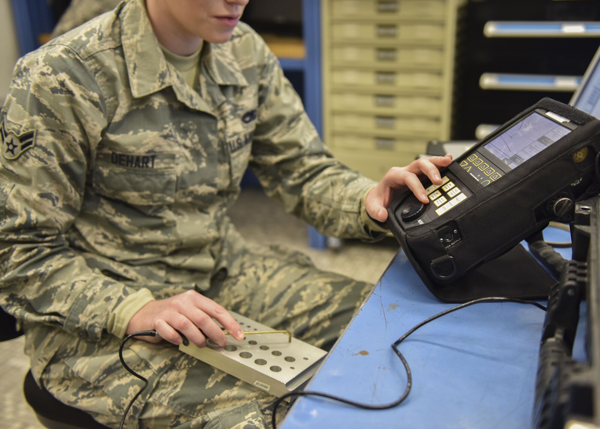 U.S. Air Force Airman 1st Class Kirsten Dehart, 192nd Maintenance Squadron nondestructive inspection apprentice, uses an eddy current at Joint Base Langley-Eustis, Va., Nov. 14, 2017.
